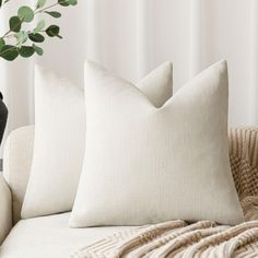 two pillows sitting on top of a couch next to a vase with a plant in it