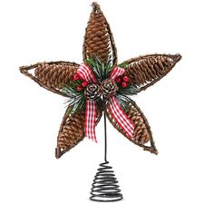 a christmas star decoration with pine cones and red berries on the top, hanging from a wire