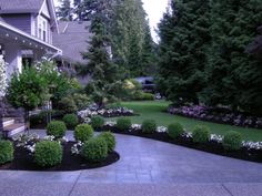 a driveway surrounded by trees and bushes with white flowers in the center, next to a house