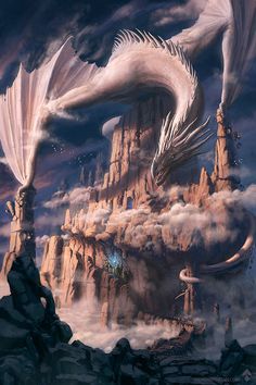 a large white dragon flying over a mountain