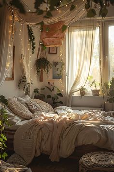 an unmade bed in a bedroom with plants on the window sill and lights hanging from the ceiling