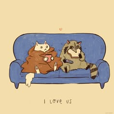 two cats sitting on a blue couch with the caption i love us written below