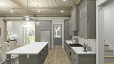 an artist's rendering of a kitchen with white counter tops and wooden ceilinging