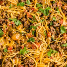 spaghetti with ground beef and tomatoes in a skillet on a white surface, ready to be eaten