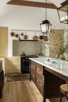 a kitchen with an island and hanging pots on the wall, along with potted plants