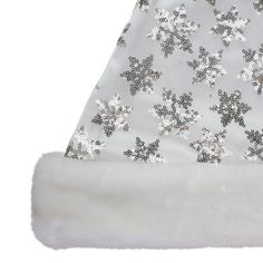 Silver and white snowflake Christmas Santa hat. Embellished with snowflakes. Features base with plush trim and pom pom Christmas Santa Hat, Champagne Flute Glasses, Snowflake Christmas, Food Storage Containers Organization, Christmas Costumes, White Snowflake, Holiday Wardrobe, White Faux Fur, Mesh Overlay