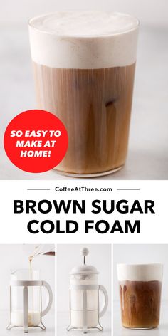 there are three different types of cold drinks in the same cup and one is brown sugar cold foam