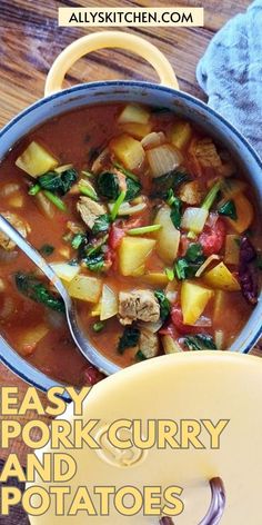 Overhead shot of pot full of pork curry with potatoes. Curry With Potatoes, Potato, Feel Good