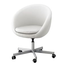 an office chair with wheels and a white leather seat, viewed from the front on a white background