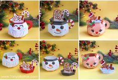 several pictures of christmas themed teapots with faces on them and candy canes in their mouths