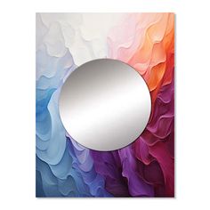 a circular mirror mounted to the side of a wall with an abstract painting on it