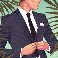 a man in a suit and tie standing next to palm trees with his hands on his chest