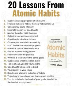 an advertisement for the book 20 lessons from atomic habitts by james clear, with instructions on how to use them