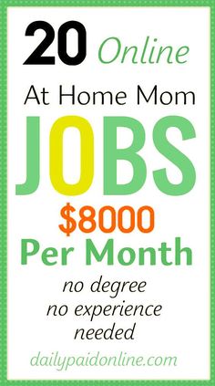 the words, 20 online jobs at home mom jobs per month are in green and white