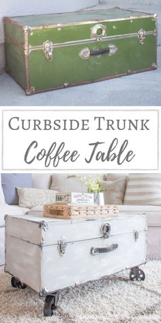 an old suitcase turned coffee table with wheels and casteors is the perfect place to sit