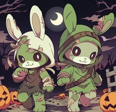 two cartoon rabbits dressed in costumes walking through the woods