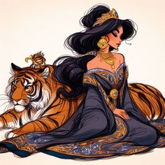 a drawing of a woman sitting on top of a tiger