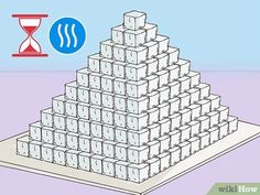 a pyramid made out of cubes with an hour sign above it and a blue background