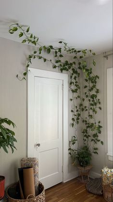 a room with a white door and some plants on the wall next to an open door