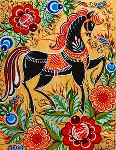 an intricately painted horse with flowers and leaves