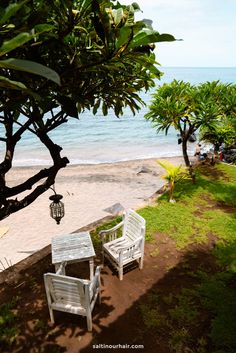 two white wooden benches sitting on top of a sandy beach next to the ocean and trees