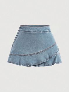 Light Wash Casual Collar  Denim Plain Skort Embellished Medium Stretch  Women Clothing How To Make Jean Skirt Out Of Jeans, Ruffle Denim Skirt, Clothes Shein, Gonna Jeans, Medium Length Skirt, Shein Skirts, Jean Skirt Outfits, Jean Skirts, Skirts Short