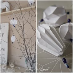 two pictures one is white and the other has blue beads hanging from it's branches