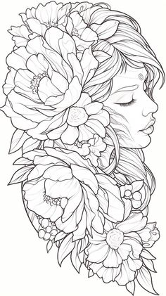 a girl with flowers in her hair and the face is drawn by hand, on a white