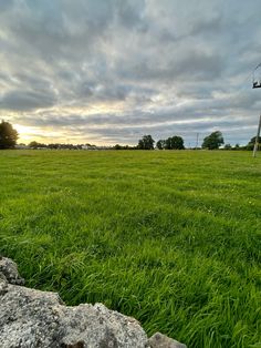 a grassy field with power lines in the distance