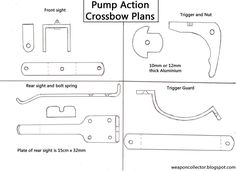 the instructions for how to make a pump action crossbowl plans are shown in black and white