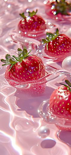 three strawberries floating in the water on top of each other with bubbles around them