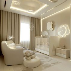 a baby's room is decorated in white and neutral colors with teddy bears on the floor