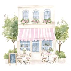 a watercolor painting of a cafe with pink flowers on the awning and tables outside