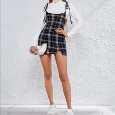 Shein Size Medium Plaid Dress. Never Worn Plaid Overall Dress, Tight Mini Dress, Dress Knit, Plaid Tie, Teenage Fashion, Everyday Dresses, Overall Dress, Dress Outfit, Plaid Dress