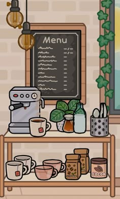 a coffee shop with cups, mugs and menu on the chalkboard behind it