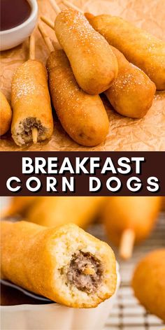 breakfast corn dogs on a plate with dipping sauce in the middle and an image of fried corn dogs