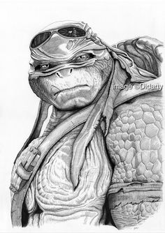 a pencil drawing of a teenaged turtle wearing a helmet and goggles on his head