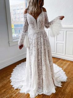 A-line V-neck Lace Sweep Train Wedding Dresses Flower Girl Dresses Mermaid, Online Wedding Dress Shopping, Train Wedding Dresses, Sweep Train Wedding Dress, Silk Prom Dress, Chapel Train Wedding Dress, Boho Wedding Gowns, Cheap Gowns, Lace Wedding Dress With Sleeves