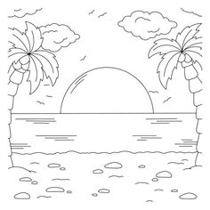 a black and white drawing of two palm trees on the beach with an island in the background