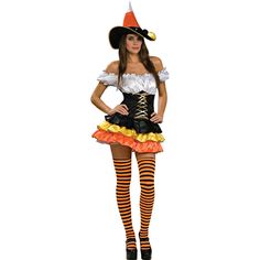 a woman in a costume that is wearing a hat and striped tights, with her hands on her hips