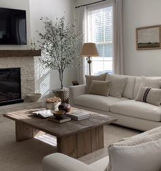 a living room filled with furniture and a flat screen tv mounted on the wall above a fireplace