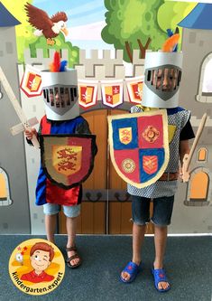 two children in knight costumes standing next to each other