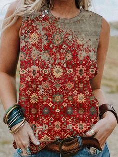 Product Name: Women's Western Vintage Floral Rust Red Trible Print Sleeveless Tank Shirt Item NO.: 22260488 Weight: 0.25 kg = 0.5512 lb = 8.8185 oz Category: Clothing> Women> Tanks Creation Time: 2023-06-09 Description Material: 65%Polyester 35%Cotton Pattern Type: Print Sleeve Type: Sleeveless Style: Casual Neckline: Round neck Theme: Spring/Summer/Autumn Elasticity: Micro elasticity Occasion: Daily *The item does not include any accessories in the picture, unless stated otherwise in the produc Red Printed Summer Tank Top, Casual Printed Sleeveless Vest, Casual Sleeveless Printed Tops, Multicolor Sleeveless Casual Blouse, Casual Sleeveless Multicolor Blouse, Casual Multicolor Sleeveless Blouse, Red Vest Top For Summer, Vintage Sleeveless Tops For Summer, Red Casual Sleeveless Blouse