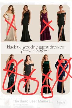 four different styles of dresses for women with the words back to wedding guest dress written in red