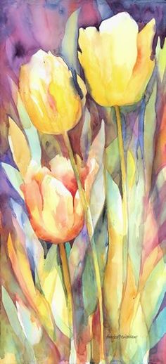 watercolor painting of yellow tulips on purple background