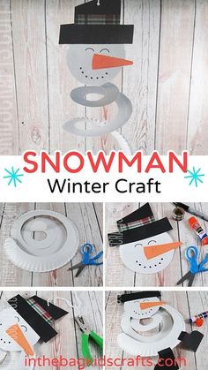 Snowman craft mobile Paperplate Snowman Crafts For Kids, Paper Bag Winter Crafts For Kids, Build A Snowman Craft For Kids, Torn Paper Snowman, Snowman Process Art Preschool, Winter Craft For Pre Schoolers, Snowman Paper Plate Craft, Paper Snowman Garland, Christmas Crafts With Paper Bags