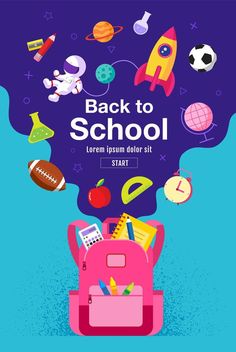 the back to school poster with an open backpack and various items flying out of it