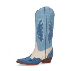 Step out in style with these striking blue white denim stitching decor mid-calf heeled cowgirl boots. The unique design fuses denim and chic detailing for a trendy Western look. Color: Blue White Material: Denim Vegan Suede Faux leather Heel Type: Block heel Heel Height: 2'' / 50 mm approx Shaft Height: 11.8'' / 300 mm approx Product measurements were taken using size 8. Please note that measurements may vary by size. Toe: Snip toe Stitching decor design Pull-on design Handcrafted US sizing. Fit Heeled Cowgirl Boots, Western Look, Faux Leather Heels, Cowgirl Boots, White Denim, Womens Flats, Mid Calf