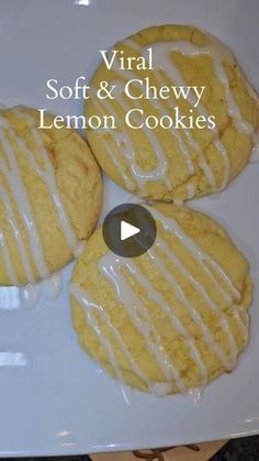 three lemon cookies with icing on a white plate