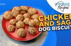 chicken and sage dog biscuits on a red plate with the words homemade recipe